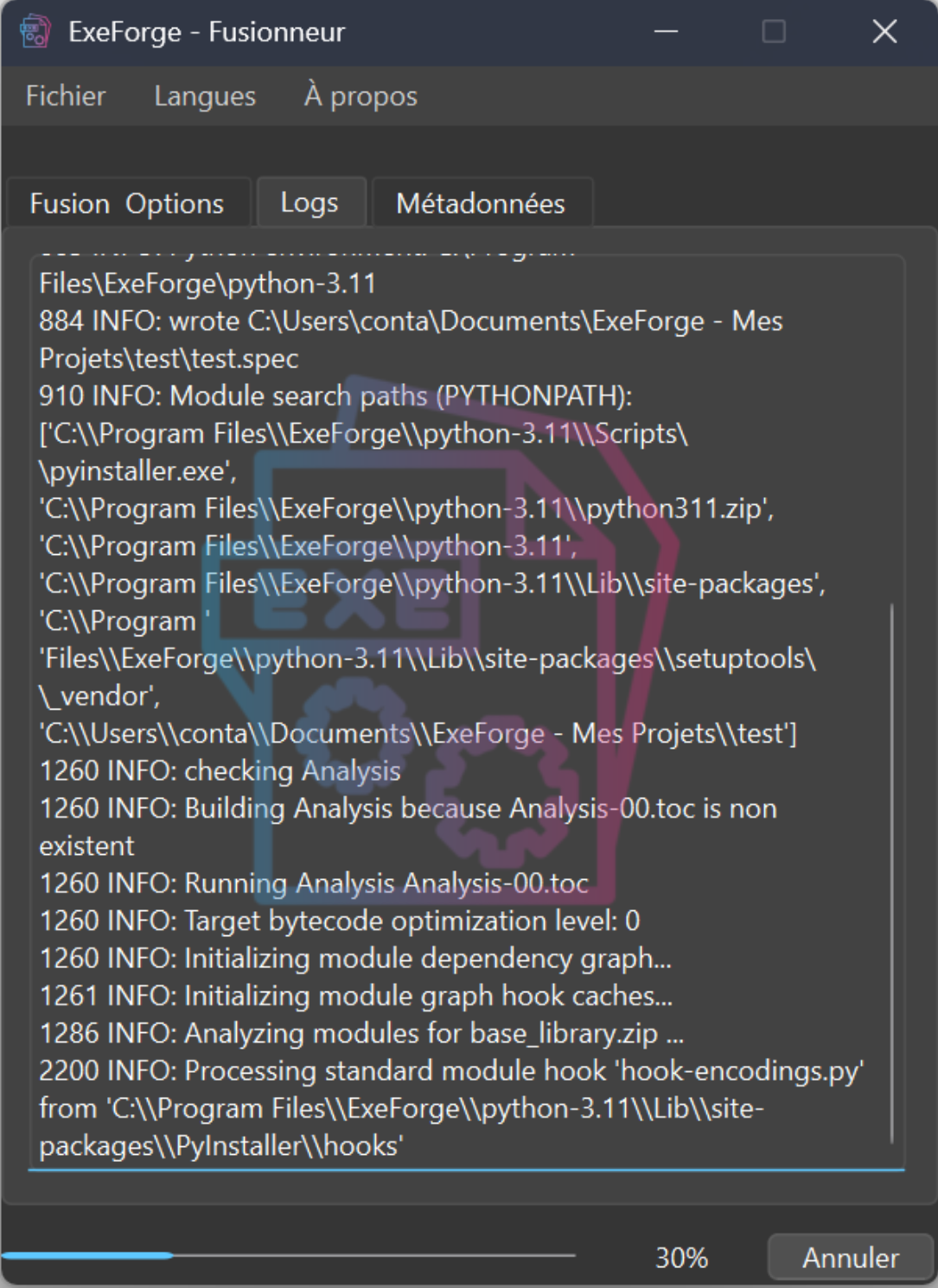 Options de langue d'ExeForge avec support multilingue pour français, anglais, russe, allemand, chinois et arabe